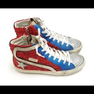 Golden Goose Red Lurex-Blue Gold Lizard high-top sneakers size 39 with box